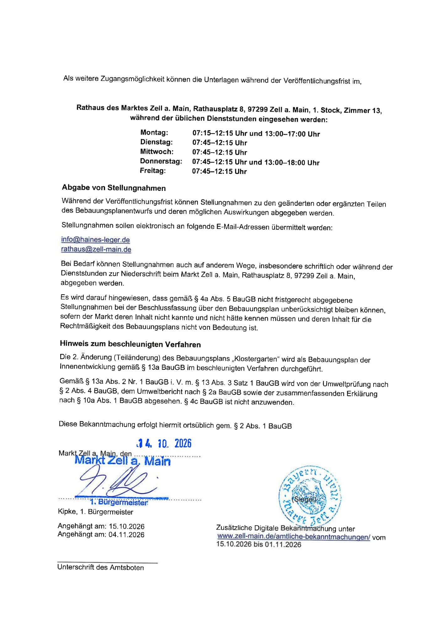 Bekanntmachung des Marktes Zell a. Main, 2. Änderung (Teiländerung) des Bebauungsplans „Klostergarten“, erneute Beteiligung, Seite 2 von 2